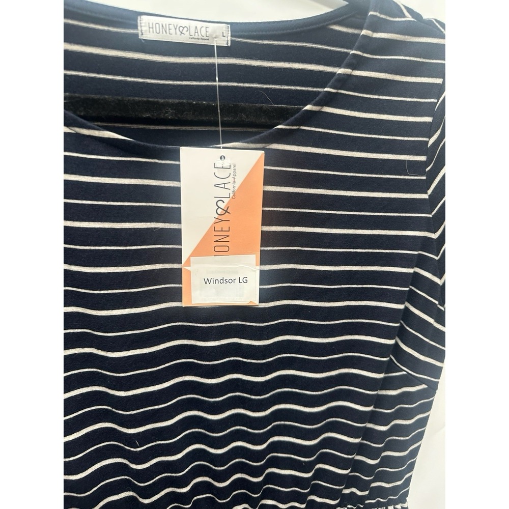 Honey & Lace Windsor Dress Navy Grey Stripe Short Sleeve LG Elastic Waist NWT - Picture 2 of 4